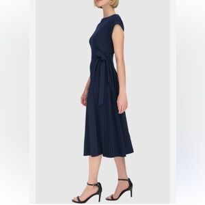 Calvin Klein Cap Sleeve Pleated Side Midi Dress Business Career Indigo Size 8
